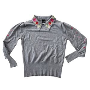 Aaeda Gray Embroidered Puff Sleeve Sweater L
